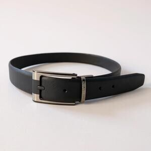 Ted Baker Black Leather Belt Logo Buckle Minimalist Quiet Luxury Size 34